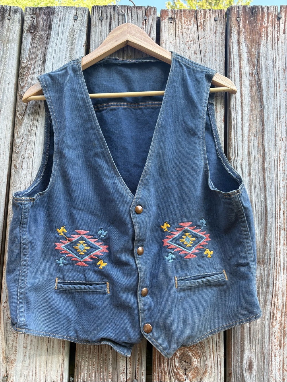 Vintage Embroidered Southwestern Denim Vest in Slate Blue